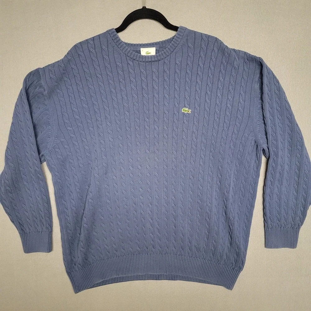 Lacoste Mens Blue‎ Cable Knit Crew Neck Sweater Sz 9 4XL Embroidered Logo Cotton